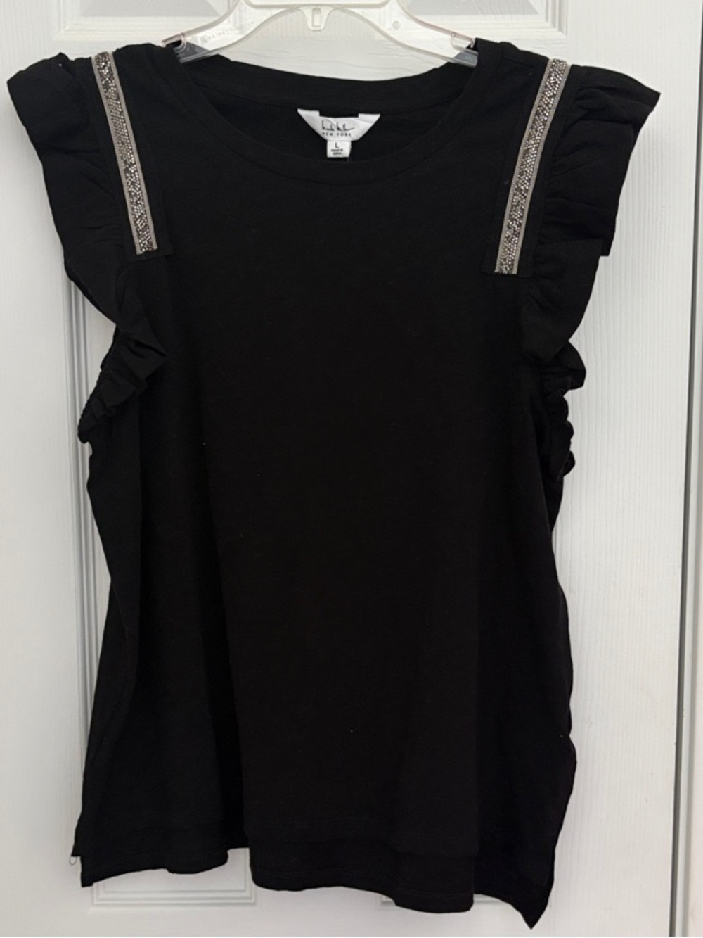 Nicole Miller Black Ruffle Shoulder Tank with Beaded Trim
